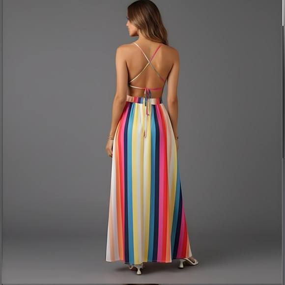 Striped Crisscross Tie Backless Split Thigh Cami Dress - Picture 4 of 10